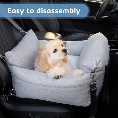 Dog Car Seat for Small Pets - Portable Travel Carrier With Pocket, Memory Foam Filling, Safety Leash - Machine Washable, Waterproof Booster Bed (Grey)