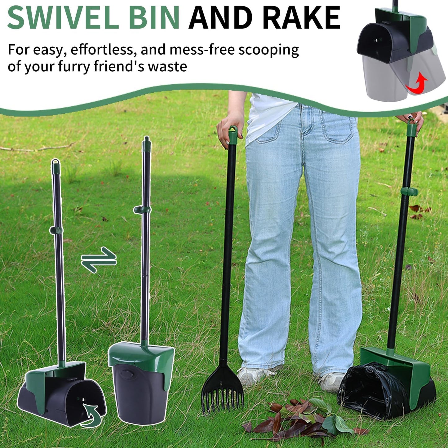 Pooper Scooper Large Swivel Bin & Rake with 160 Waste Bags,Heavy Duty Dog Pooper Scooper with Bag Attachment for Dogs, Long Handle Poop Scooper with Lid for Yard, Grass, Gravel(Dark Green)