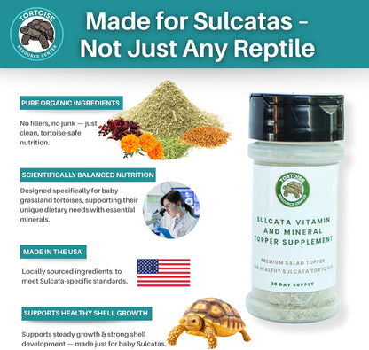 Sulcata Tortoise Calcium, Vitamin and Mineral Topper Supplement | Salad Topper for Baby Sulcata Tortoises | Promotes Health, Immunity and Strong Shell | 30-Day Supply in Easy to Use Shaker