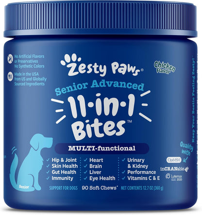 Zesty Paws Senior Dog Multivitamin Treats - Glucosamine for Dogs + Digestive Enzymes & Probiotics - Grain Free Dog Vitamins and Supplements for Skin & Coat + Immune Health Chicken - Advanced - 90ct