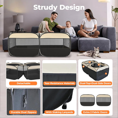 2-in-1 Pop Up Puppy Playpen, Detachable into 2 Separate Pens with Additional Doors, Assembly-Free Portable Cat Dog Crates Pet Pen Tent Kennel Kitten Enclosure Cage Indoor Outdoor Foldable Condo(L)