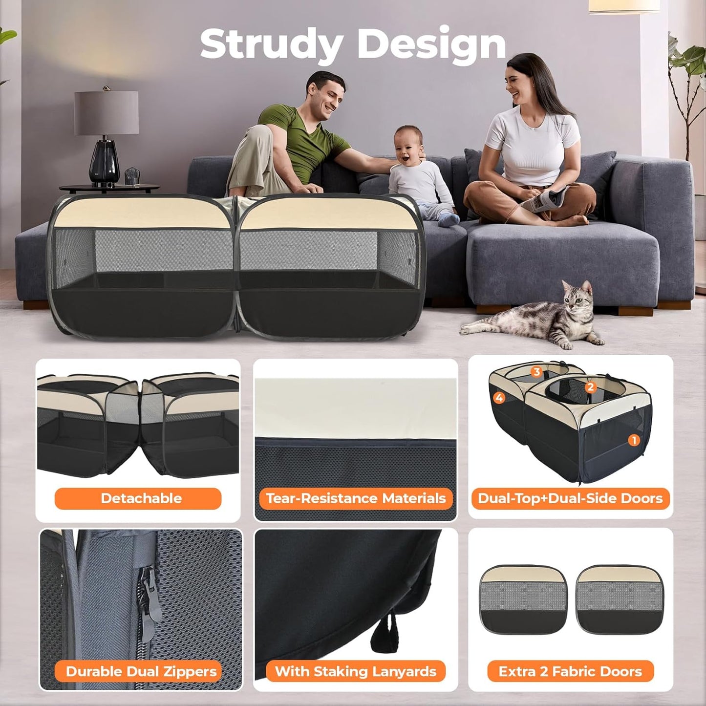 2-in-1 Pop Up Puppy Playpen, Detachable into 2 Separate Pens with Additional Doors, Assembly-Free Portable Cat Dog Crates Pet Pen Tent Kennel Kitten Enclosure Cage Indoor Outdoor Foldable Condo(L)