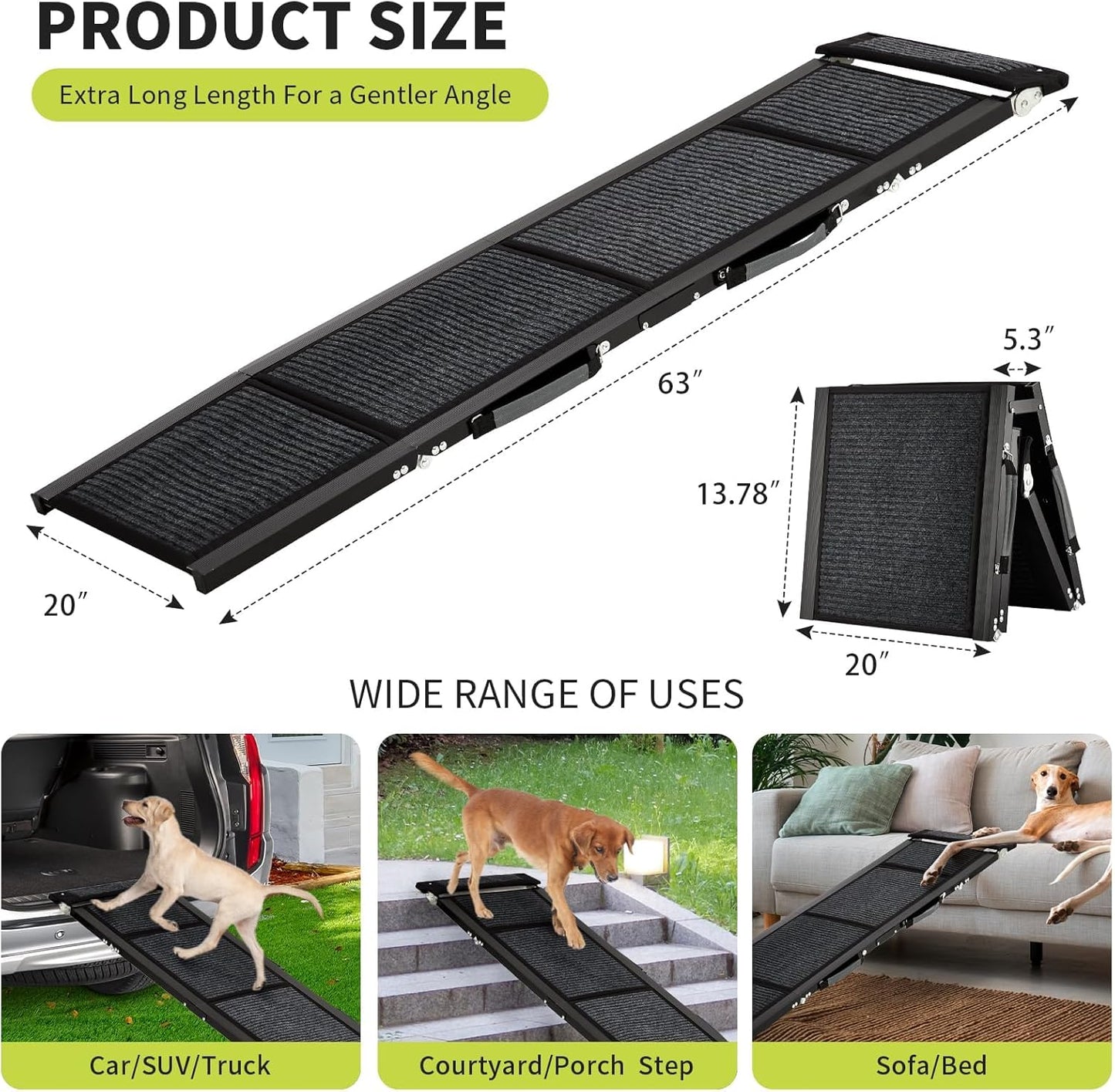 63 in Dog Ramp for Car - Portable Anti -Slip Dog Stairs for SUV, Truck - Outdoor Pet Car Ramp for Large Dog Up to 250LBS
