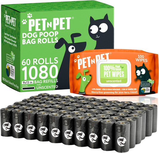 PET N PET Dog Poop Bag USDA Certified 38% Biobased Poop Bags 1080 Counts + 100% Plant Based Dog Wipes for Paws and Butt, 100 Counts Dog Pet Wipes, 8" x 8" Hypoallergenic Unscented Dog Wipes