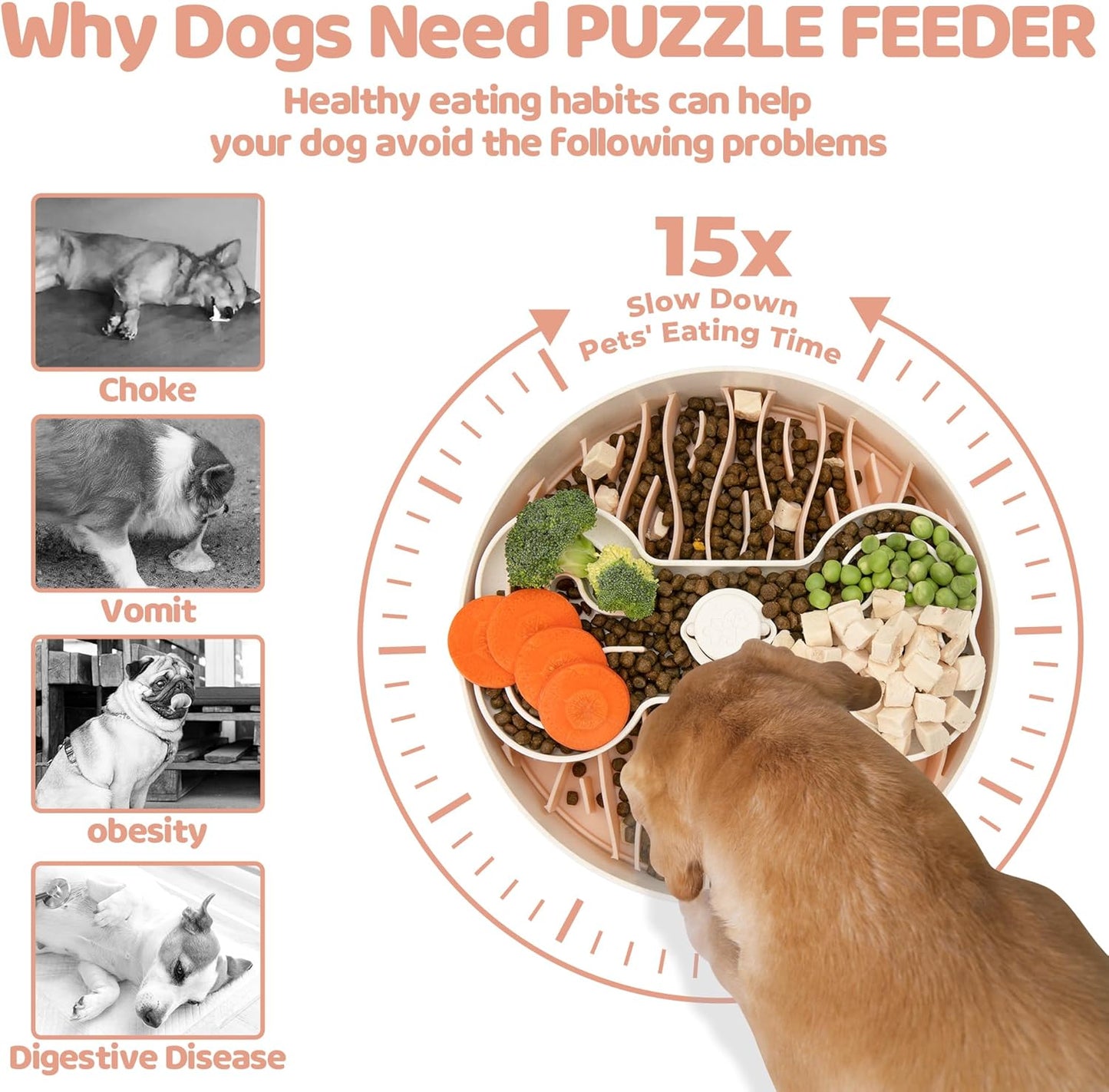 Puzzle Feeder Slow Feeder Dog Bowl for Large Dogs with Non-Slip Base - Adjustable Speed Design, Removable Puzzle Inserts & Dishwasher Safe, Pink