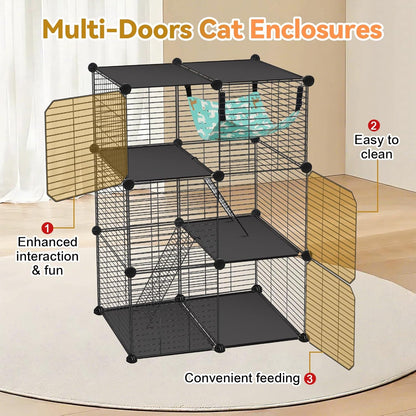 Cat Cage, 3-Tier DIY Catio Cat Enclosures, 24" x 16" x 36" Cat Playpen Indoor & Outdoor with Hammock, Detachable Metal Wire Kennel Cats Crate, 2x1x3 Exercise Place for 1-2 Cats/Kitten