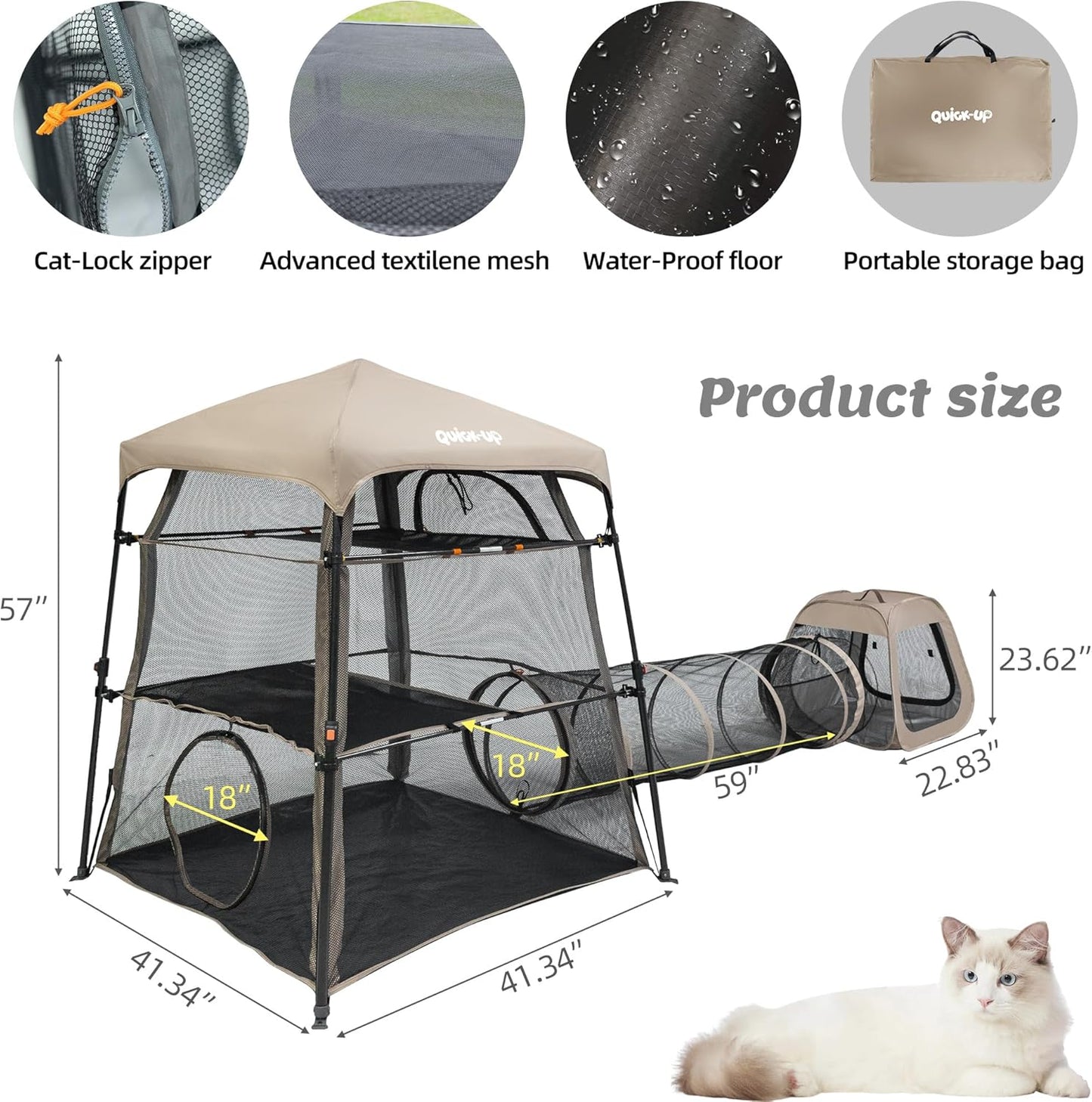 Catio Outdoor Cat Enclosure Combo for Indoor and Outdoor,3 Tier Cage Inside, Pop up Catio,Portable and Foldable(Includes one cat Tower Tent,one Tunnel and a cage) + cat Tunnel(2 Packs)