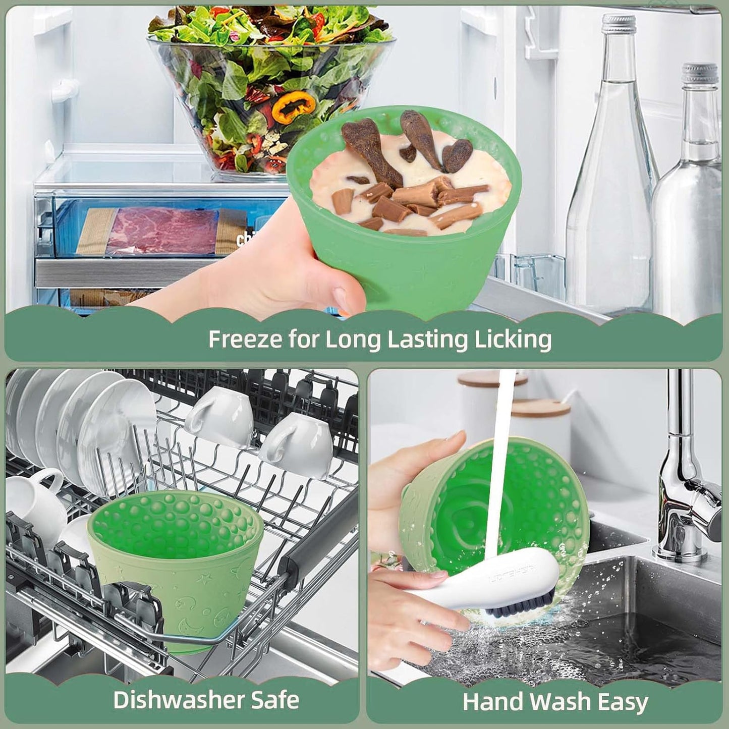 Dog Slow Feeder Lick Bowl, Non-Slip Dog Licking Treat Dispenser, Slow Feeder Bowls for Small Medium Large Breed Dogs, Anxiety Relief & Anti-Choking, BPA Free Silicone (Green, 1.6 Cup)
