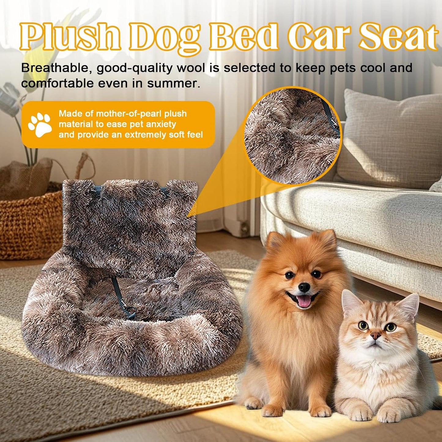 Car Seat Dog with Safety Straps,Fluffy Safety Pet Seat,Removable and Easy to Clean Protects from Dirt (Dark Coffee, 23 * 23in)