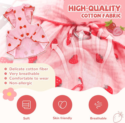 Dog Dresses for Small Dogs Girl Female Clothes Cat Clothes Cat Dress Cute Cotton Extra Small Summer Clothes Bow Decor Printed Strawberry Dog Birthday Outfit Puppy Clothes