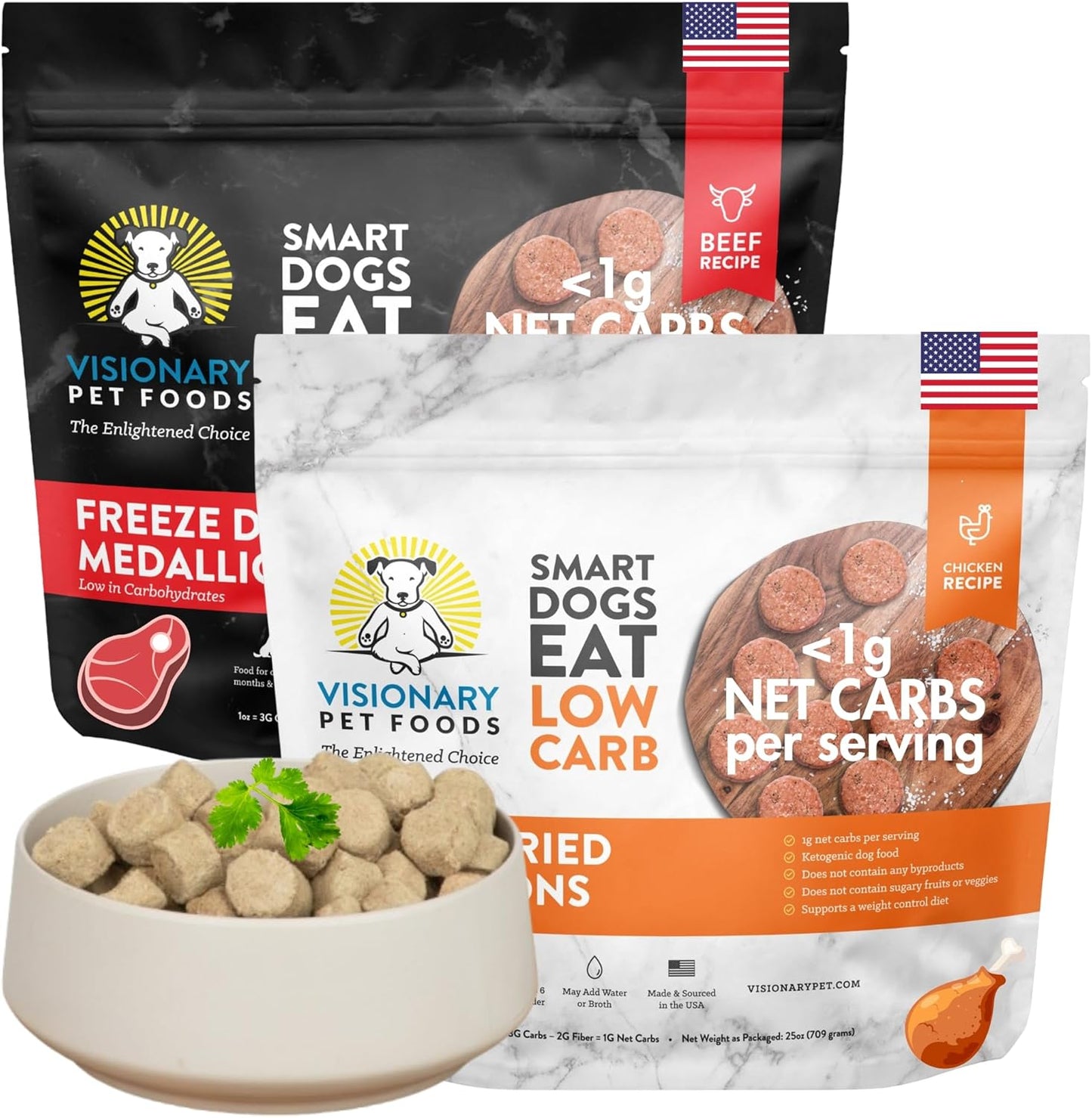 Visionary Pet Foods Low Carb Keto Natural Dry Dog Food Bundle Less Than 1g Net Carbs Freeze Dried Raw Real Beef and Chicken, Diabetic Friendly Made and Sourced in USA 25oz