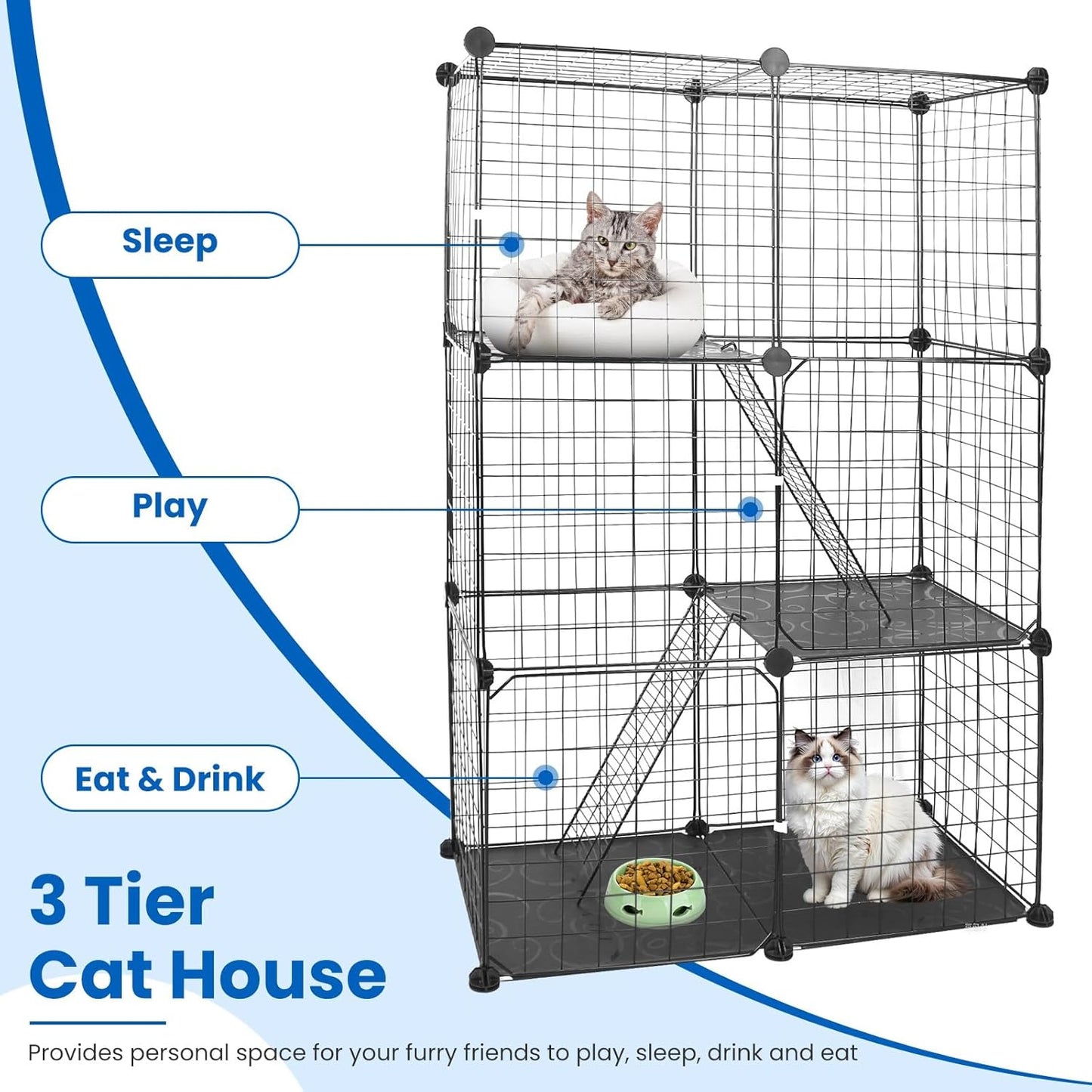 3 Tier Cat Playpen Cage, Metal Detachable DIY Indoor Cat Enclosures Kitten House Large Exercise Place Kitten Crate with 3 Doors 2 Ladders for 1-2 Cats