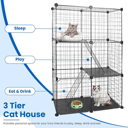 3 Tier Cat Playpen Cage, Metal Detachable DIY Indoor Cat Enclosures Kitten House Large Exercise Place Kitten Crate with 3 Doors 2 Ladders for 1-2 Cats