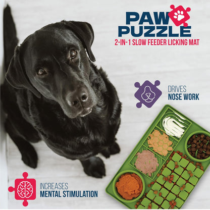 Palz&Co Paw Puzzle 2-in-1 Slow Feeder & Lick Mat - Large 15.75"x10.5" Green Non-Slip Silicone Mat for Dogs & Cats, Dry or Wet Food, Enrichment Puzzle Feeder, Dishwasher Safe