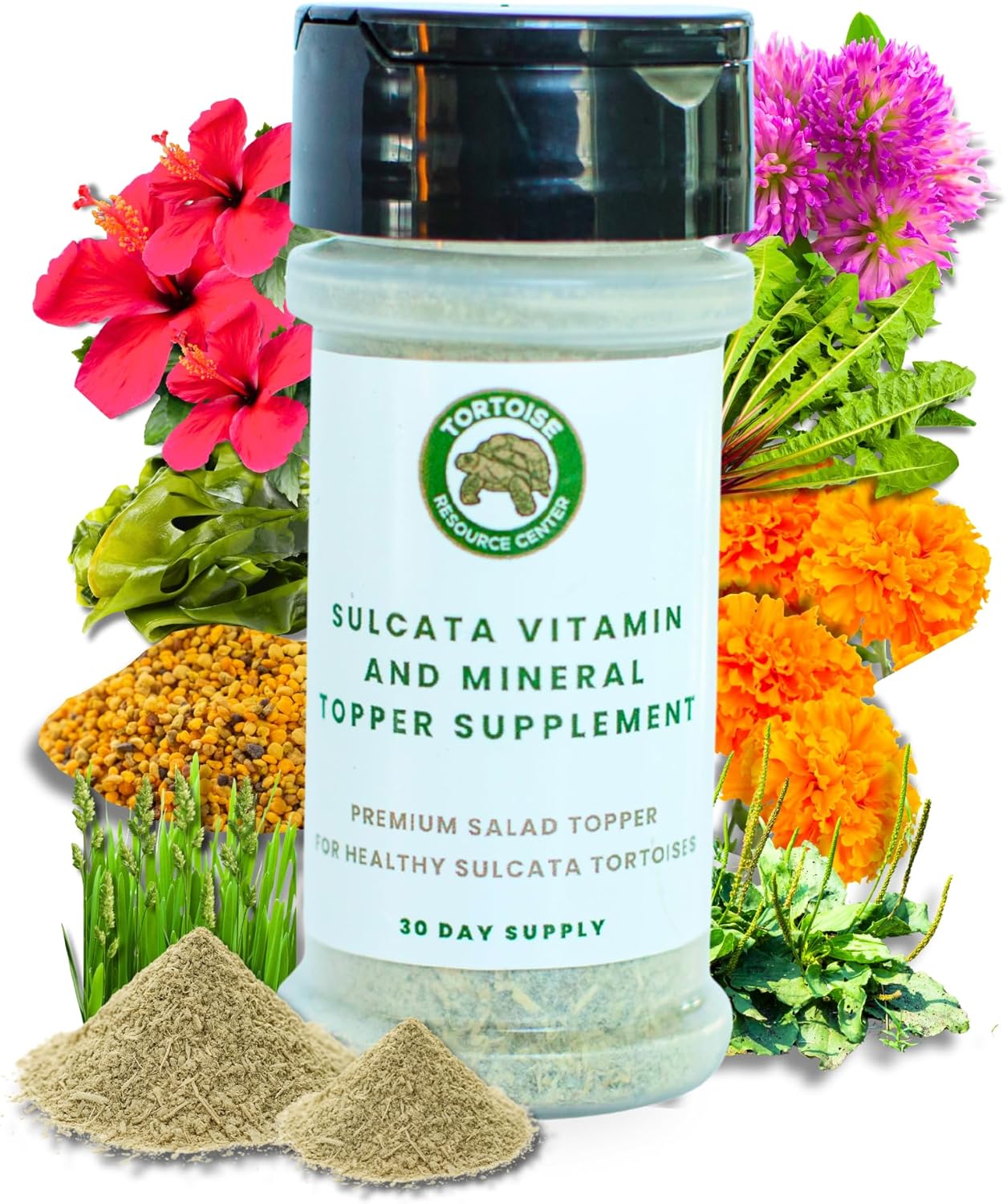 Sulcata Tortoise Calcium, Vitamin and Mineral Topper Supplement | Salad Topper for Baby Sulcata Tortoises | Promotes Health & Immunity | 30-Day Supply in Easy to Use Shaker