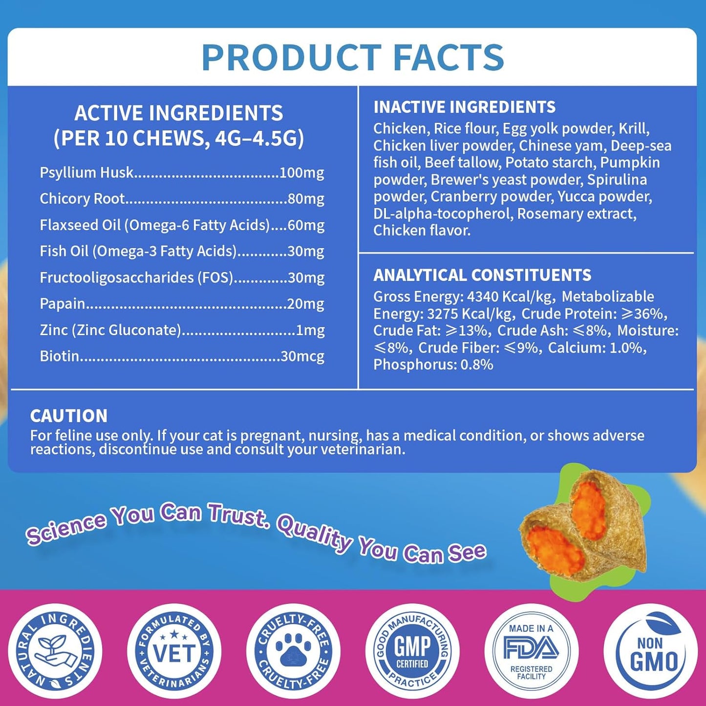 Cat Hairball Support Chews 500 Chews, Cat Hairball Remedy Treats Crunchy Shell with Krill Core, Furball Control Relief, Digestion, Supports Skin & Coat, Chicken Flavor, for All Breeds & Ages Cats