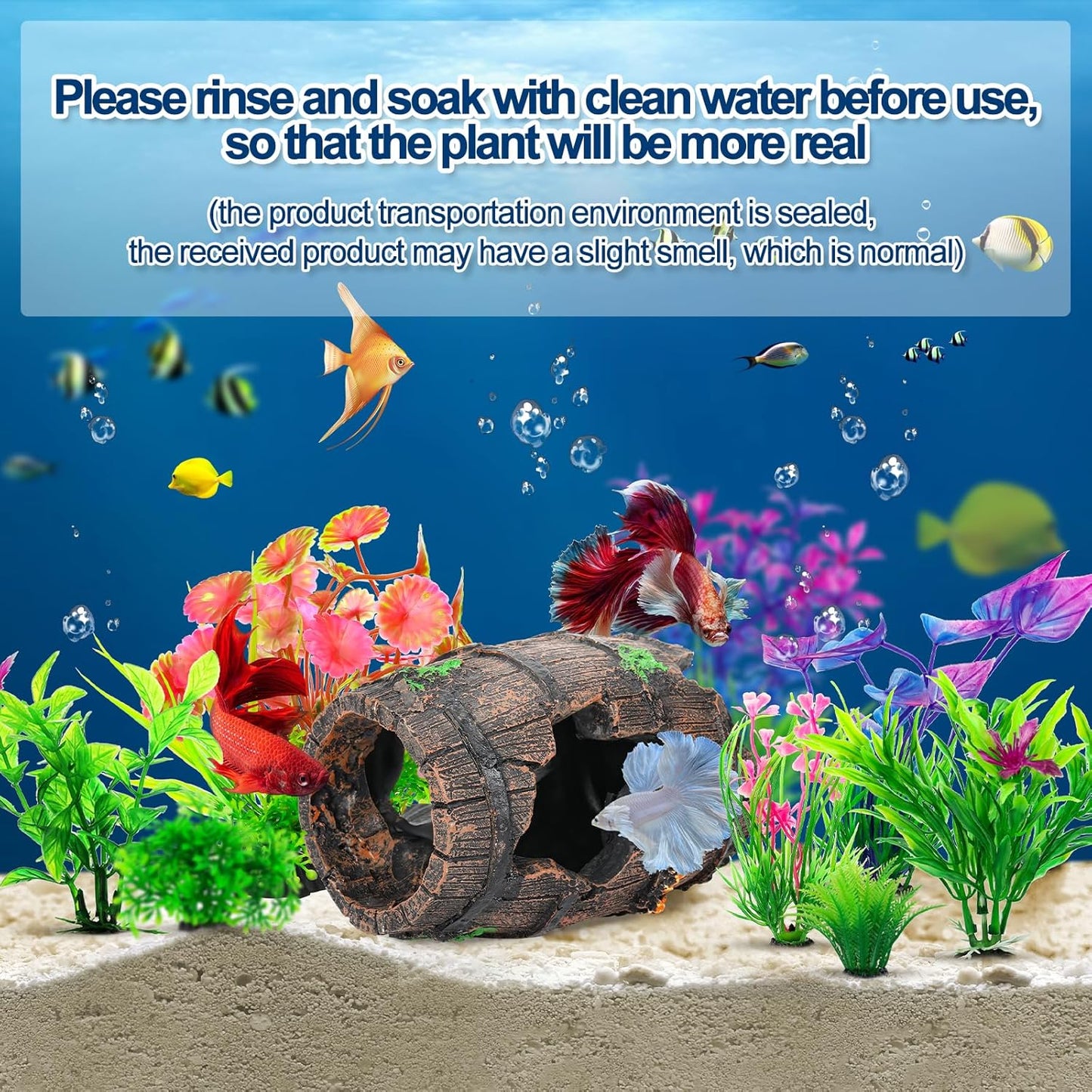 CousDUoBe Fish Broken Barrel Decor Fish Tank Decorations Betta Fish Tank Accessories,Starfish Barrel x 1pc, Aquarium Plants x 8pcs