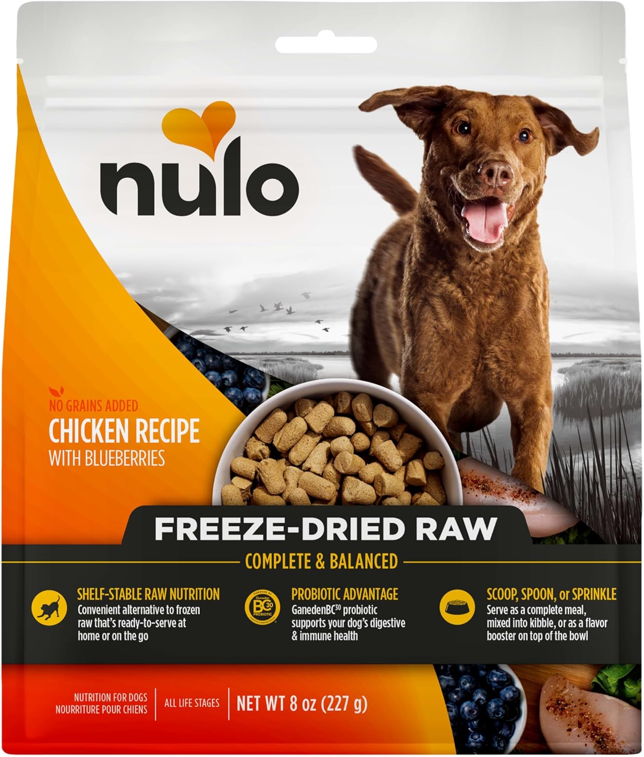 Nulo Freeze-Dried Raw Chicken Recipe with Blueberries Complete and Balanced Dry Dog Food Kibble, 8 Ounce Bag
