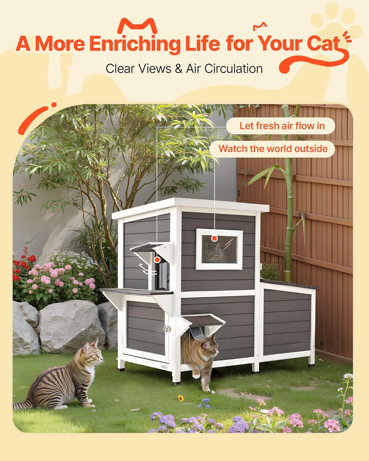 VEVOR Outdoor Cat House, 2-Story Wooden Cat Shelter for 3 Outside Cats in Winter, Elevated Feral Kitty Shelter with Stairs, Clear Window & Flap Doors, Waterproof Cats Condos for Garden 42 × 25 × 34 in
