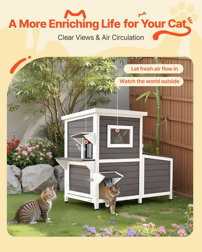 VEVOR Outdoor Cat House, 2-Story Wooden Cat Shelter for 3 Outside Cats in Winter, Elevated Feral Kitty Shelter with Stairs, Clear Window & Flap Doors, Waterproof Cats Condos for Garden 42 × 25 × 34 in