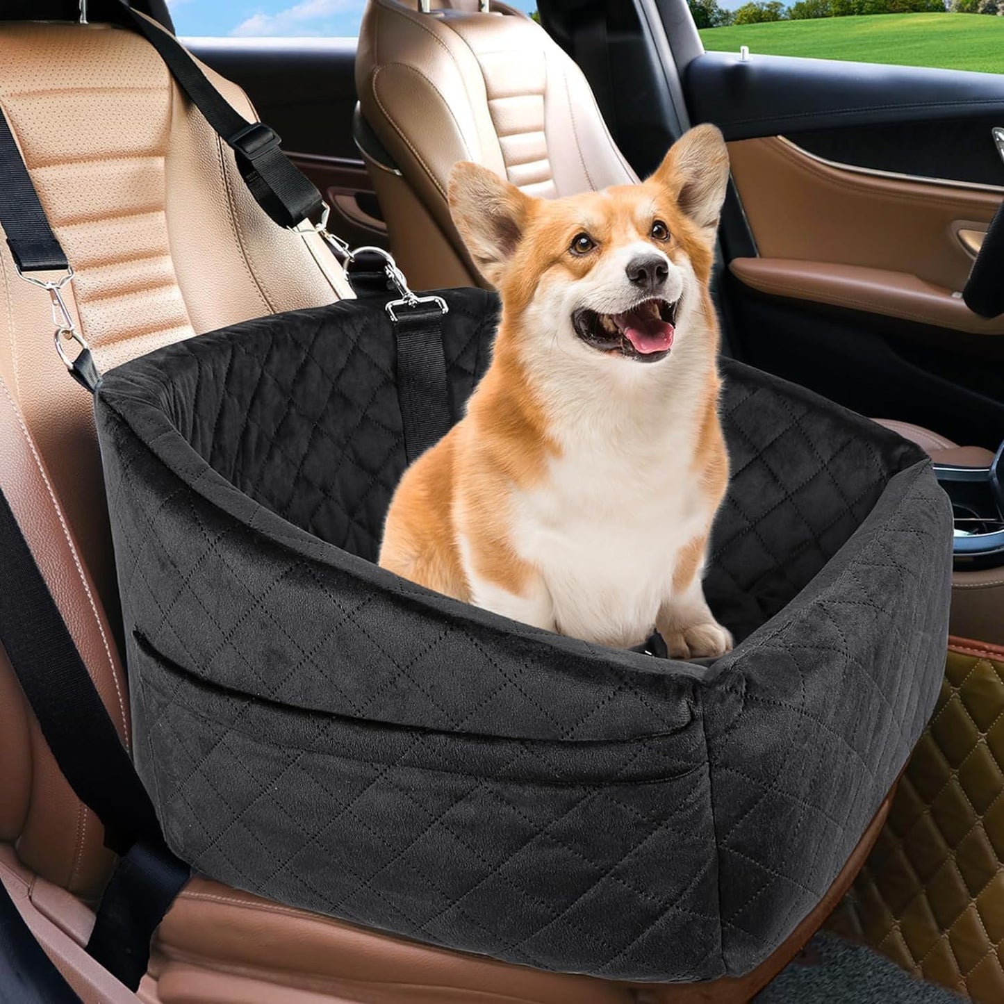 Dog Car Seat for Small & Medium Dogs – Washable & Detachable Pet Booster Seat with Safety Belt, Non-Slip Travel Bed for Cars, Fits Pets Under 20lbs, Storage Pockets (Black)