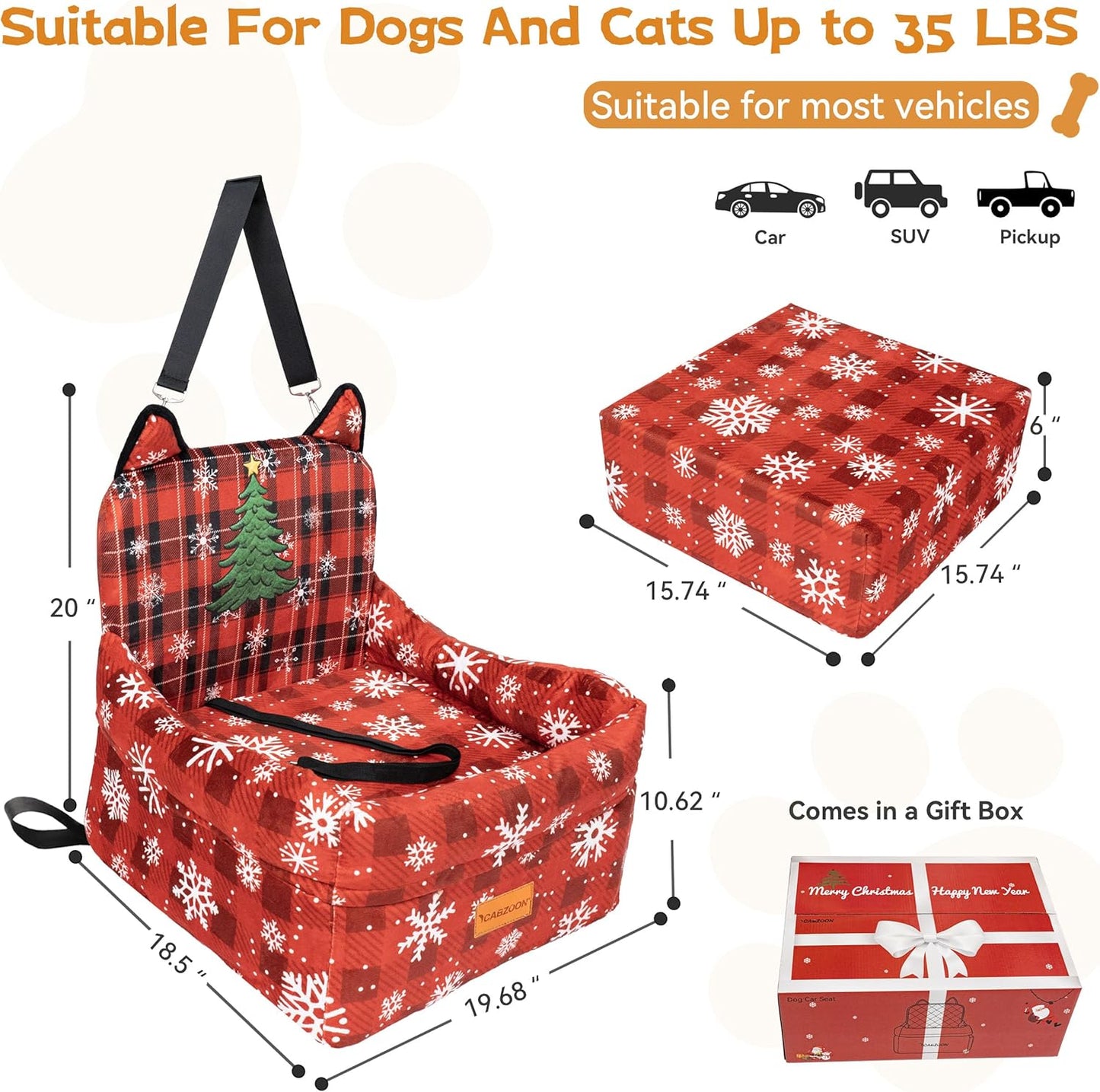 Christmas Dog Car Seat for Small/Medium Dogs Up to 35lbs,Elevated Cushion Fits in Front/Back Seat,Travel Safety Per Car Bed with Washable Removable Cover, Storage 2 Pockets Christmas Tree