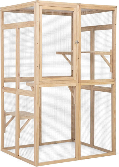 Wooden Cat Catio Outdoor Enclosure with Hammock and Platforms, Weatherproof Design, Burlywood