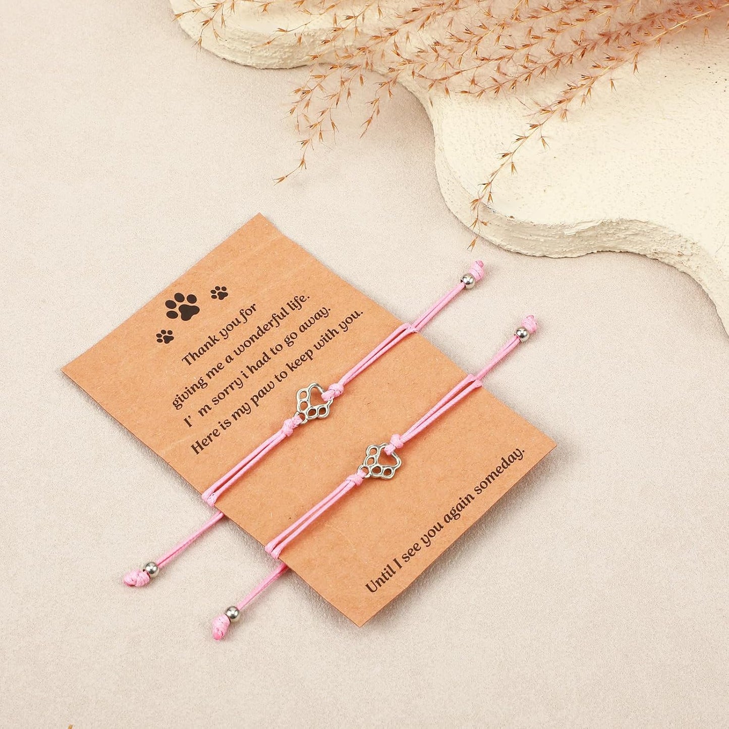 TIESOME 2pcs Pet Death Memorial Gift Bracelet, Pink Dog Paw Print Bracelet Gift Paw Memorial Furry Friends