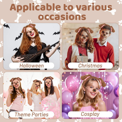 Plush Animal Ears Headband & Nose Bow Tie Tail, Halloween Christmas Cosplay Festival Theme Party Dress up Costume