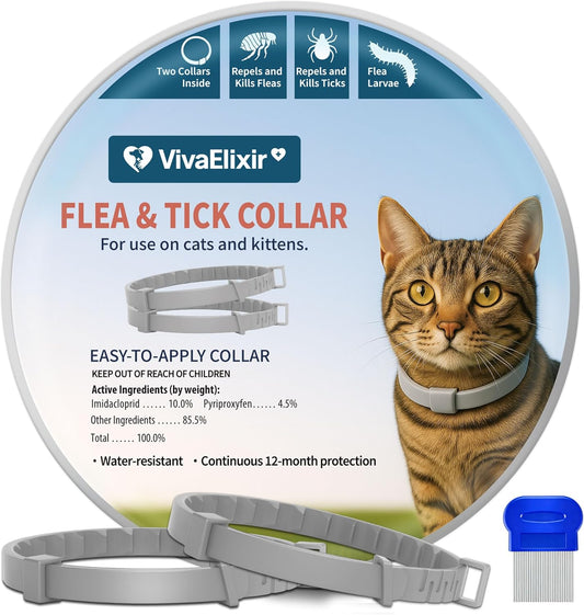 Flea and Tick Collar for Cats 2 Pack, 12 Months of Cat Flea Collar Protection 2 Collars Made with Premium Plant Based Essential Oil Waterproof and Natural Treatment Prevention Free Comb
