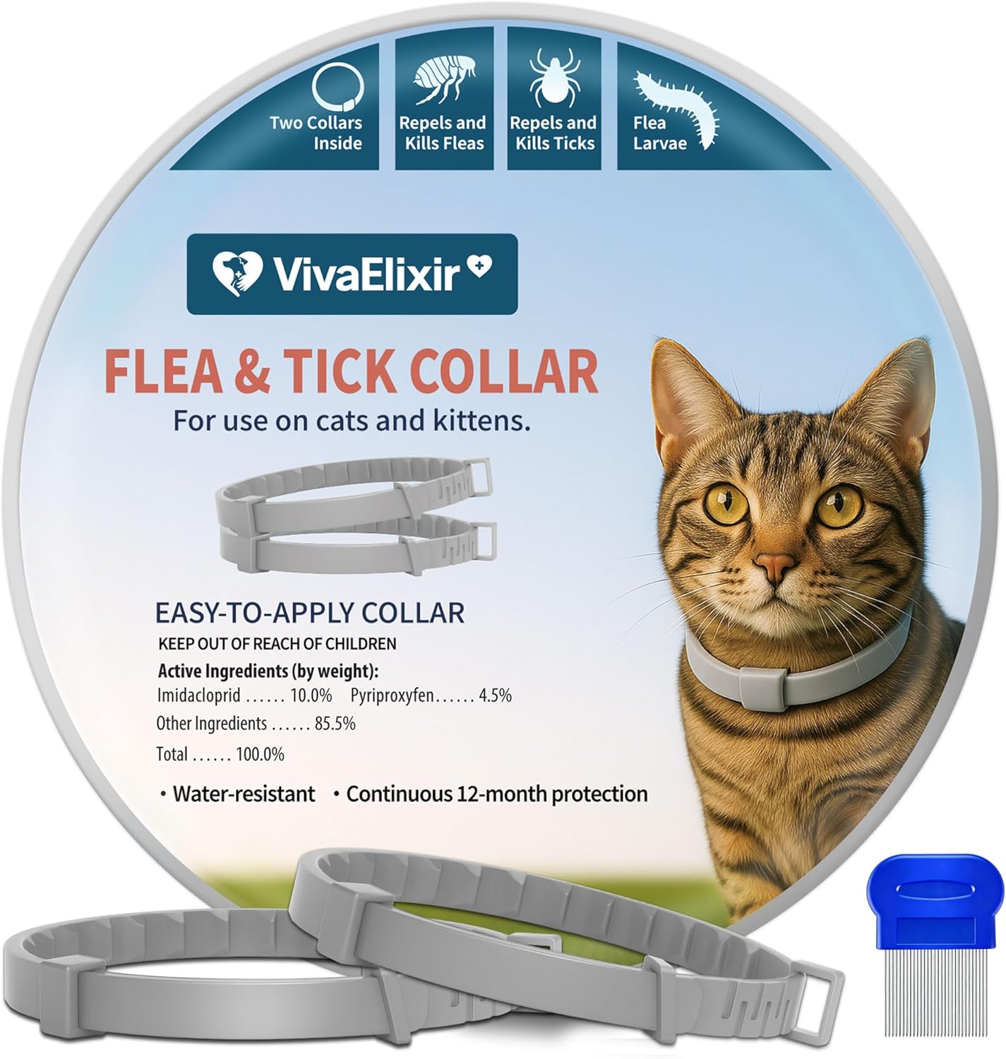 Flea and Tick Collar for Cats 2 Pack, 12 Months of Cat Flea Collar Protection 2 Collars Made with Premium Plant Based Essential Oil Waterproof and Natural Treatment Prevention Free Comb