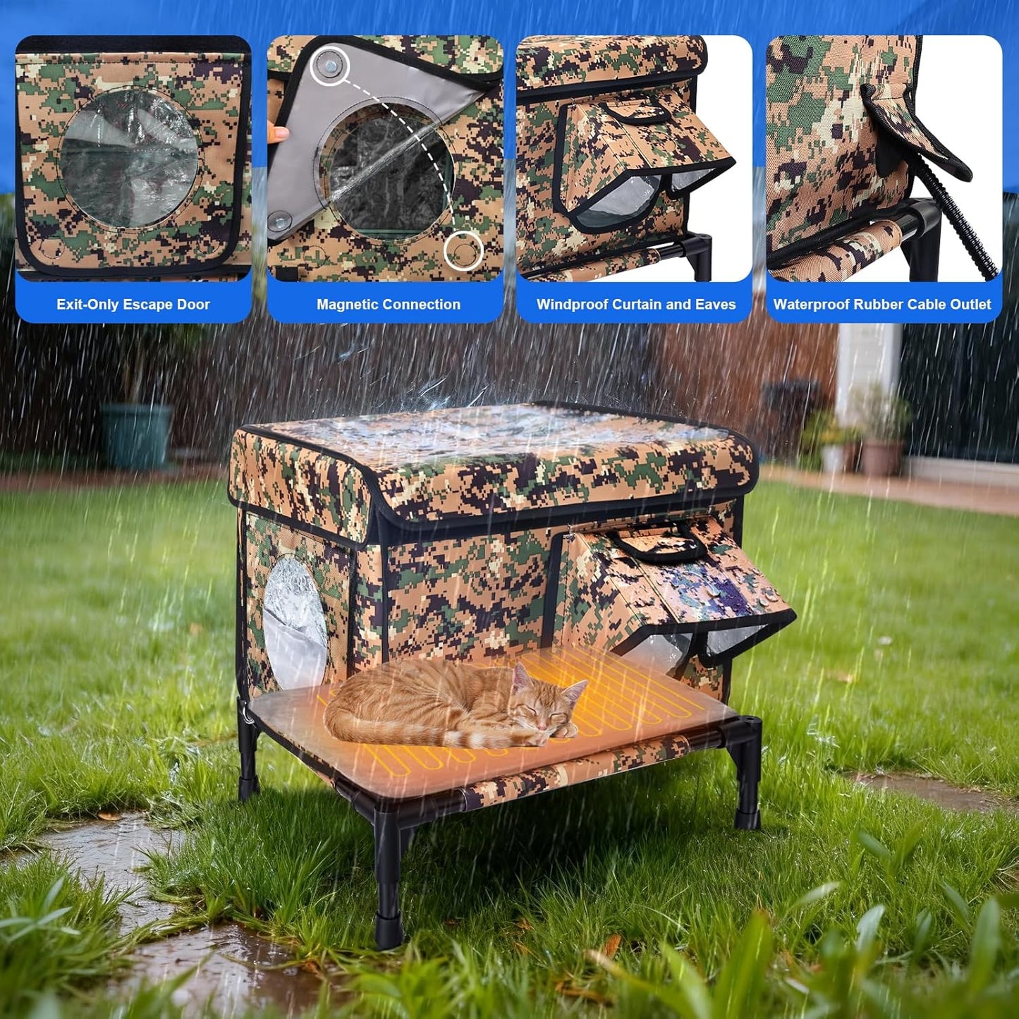 Elevated Heated Outdoor Cat House - 100% Weatherproof Insulated Outdoor Cat Shelter with Safe Escape Door & Removable Heating Pad, Warm Heated Cat House for Outside Stray/Feral/Barn Cat