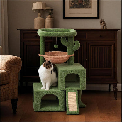 37.4" Cactus Cat Tree Tower with Twin Cat Condos for Indoor Cats, All-in-One Activity Center with Cat Scratching Post Cozy Sleeping Perch Hammock and Toy Balls,Green …