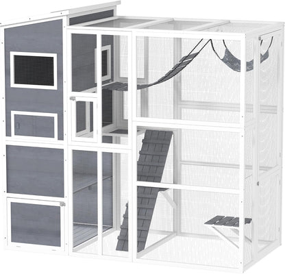 PawHut Catio Outdoor Cat Enclosure, Large Wooden Cat House with Resting Rooms, Platforms, Hammock, Soft Ladder, Ramps, for 2-3 Kittens, 76" x 36" x 68", Gray