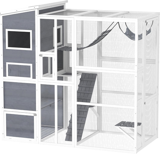 PawHut Catio Outdoor Cat Enclosure, Large Wooden Cat House with Resting Rooms, Platforms, Hammock, Soft Ladder, Ramps, for 2-3 Kittens, 76" x 36" x 68", Gray
