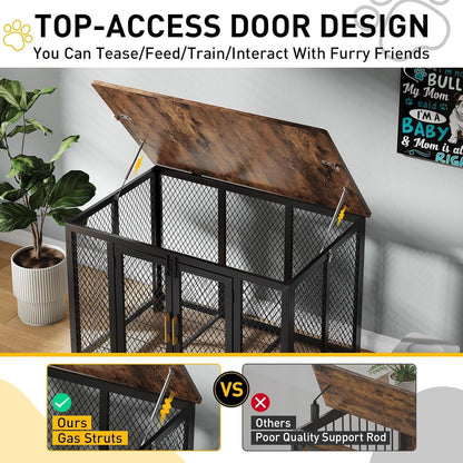 48 Inch Large Dog Crate Furniture with Top Access Door, Heavy Duty Wooden Indoor Flip Top Pet Cage Farmhouse Style for Large, Medium, Small Dogs, Brown