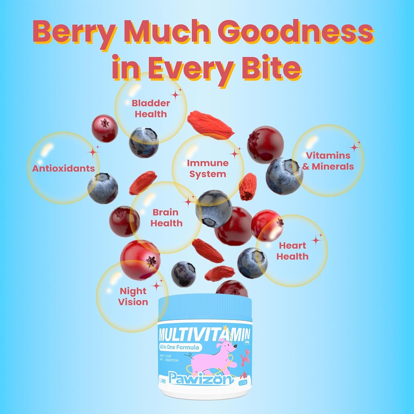 All-in-One Dog Multivitamin with Superfood Berries, Probiotics, Glucosamine, Omega 3 - Support Hip Joint, Skin Coat, Allergy Relief, Digestion, Immune Health - Vitamins Supplement - 120 Chews