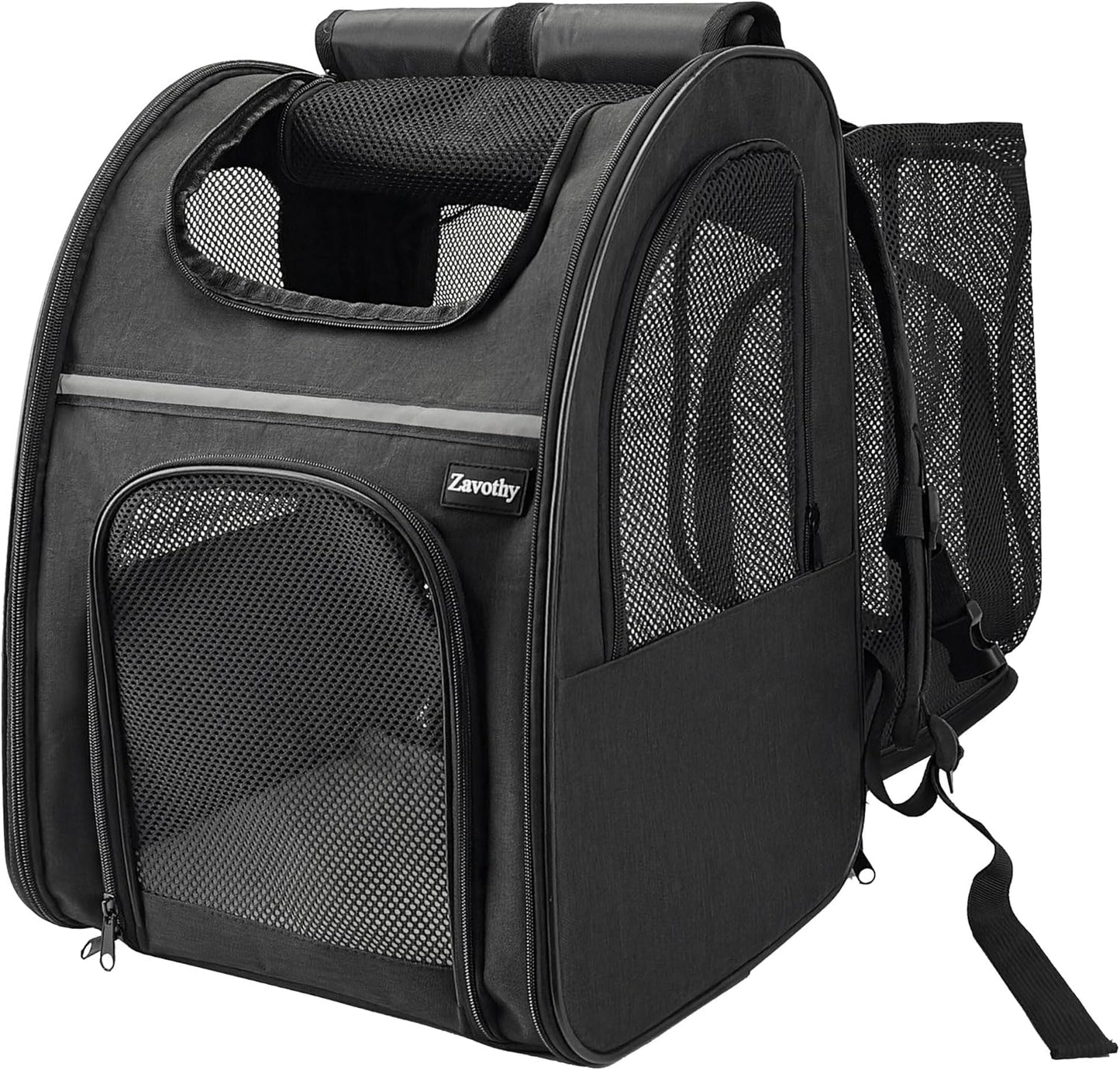 Zavothy Expandable Pet Backpack Carrier for Small Cats & Dogs, Airline Approved Travel Bag with Mesh Windows, Expandable Space, Padded Bottom, Foldable Design (Black/Grey)
