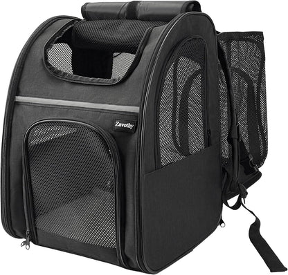Zavothy Expandable Pet Backpack Carrier for Small Cats & Dogs, Airline Approved Travel Bag with Mesh Windows, Expandable Space, Padded Bottom, Foldable Design (Black/Grey)