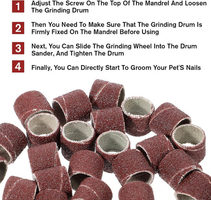42 Pcs Pet Nail Grinder Replacement Kit with Grit Sanding Bands, Pet Smoother Claw Care Black Grinding Drums Pets Claw Grooming Supplies for Dog Claws Care (1/2 Inch 80/120 Grit)