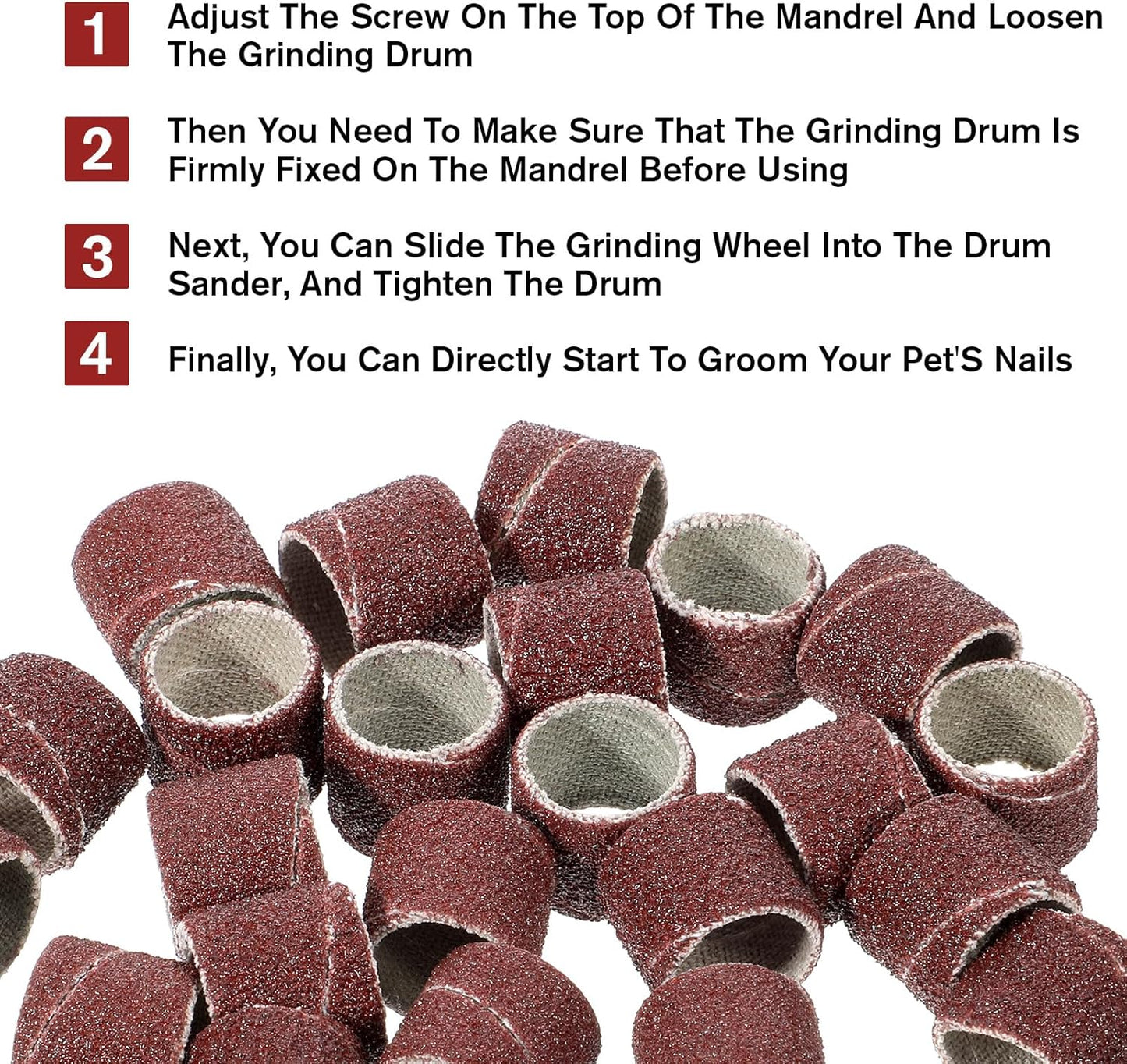 42 Pcs Pet Nail Grinder Replacement Kit with Grit Sanding Bands, Pet Smoother Claw Care Black Grinding Drums Pets Claw Grooming Supplies for Dog Claws Care (1/2 Inch 80/120 Grit)