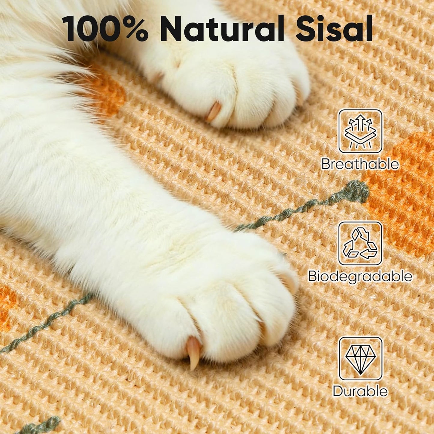 FUKUMARU Sisal Cat Scratching Mat, 23.6 x 15.7 Inch Natural Sisal Cat Scratch Pad Mats for Indoor Cats, Horizontal Cats Wall Scratcher Kitten Floor Rug with Sticky Tapes, Furniture Protector(Flower)