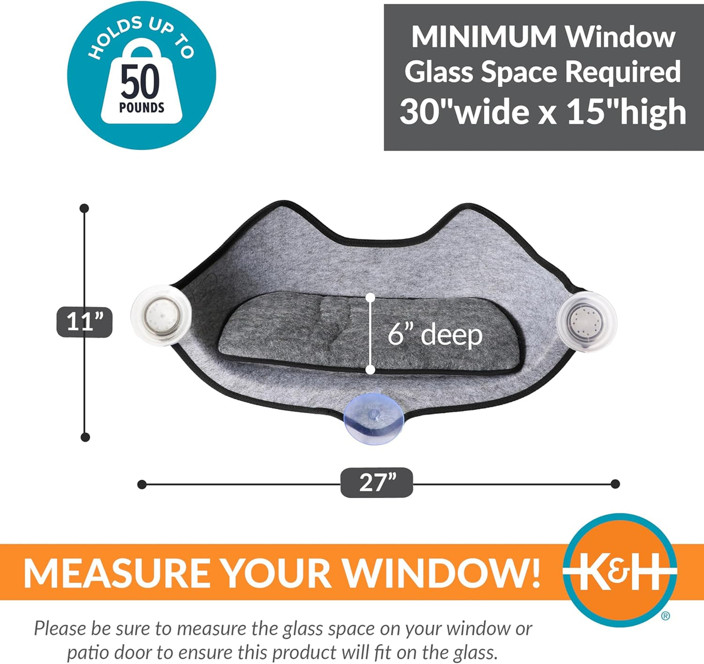 K&H Pet Products EZ Mount Kitty Face Cat Window Perch Bed, Sturdy Cat Window Hammock with Strong Suction Cups, Washable Sleeping Pad, Fits 30" W X 15" H Glass Spaces - Gray Kitty Face Design
