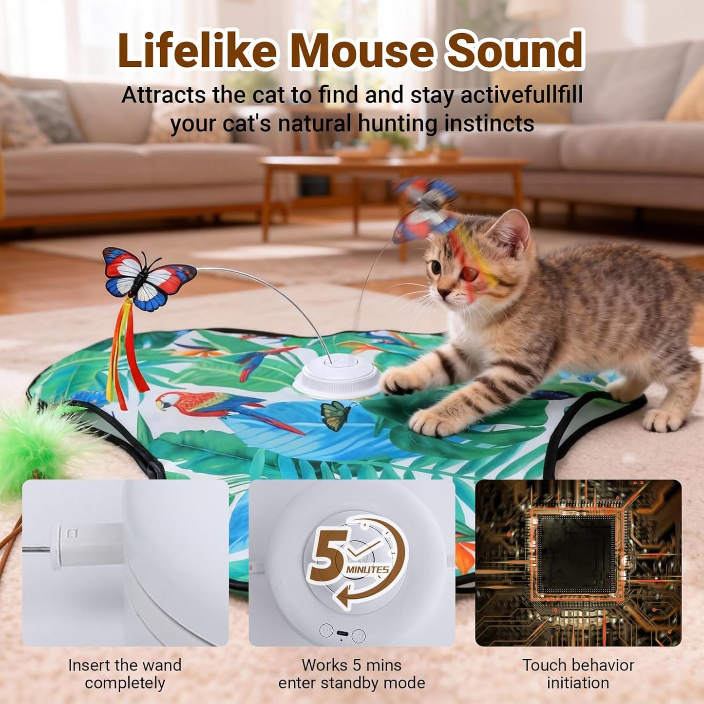 Interactive Cat Toys Rechargeable,Moving Concealed Feathers,Real Mouse Squeaky,Touch Activated Cat Kitten Toy Exercise Toys for Indoor Bored Adult Cats (Green)