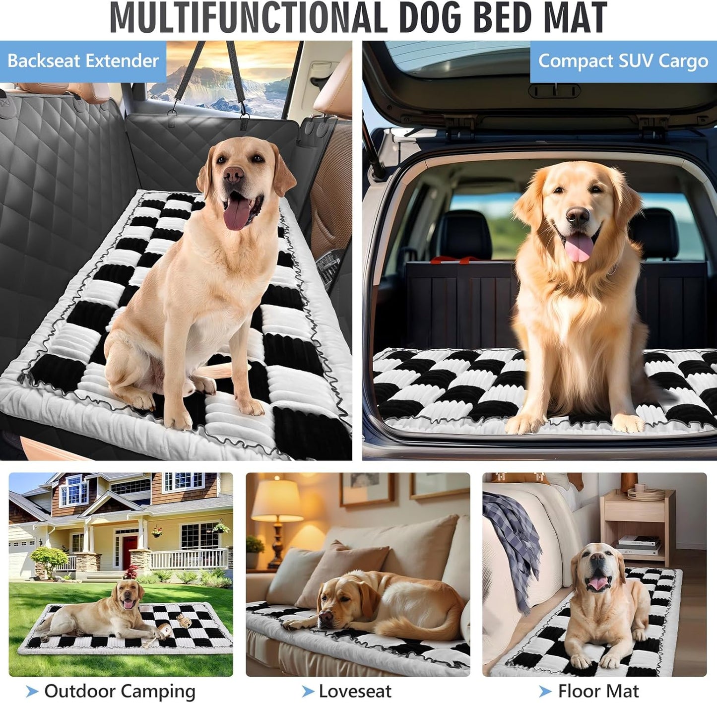 Backseat Dog Bed Non-Slip, Dog Bed for Car Back Seat Soft and Comfortable, Back Seat Pet Bed Mat for Travel, Pet Car Blanket for Backseat Extender and Seat Covers Checkered (51”X 23.5”)