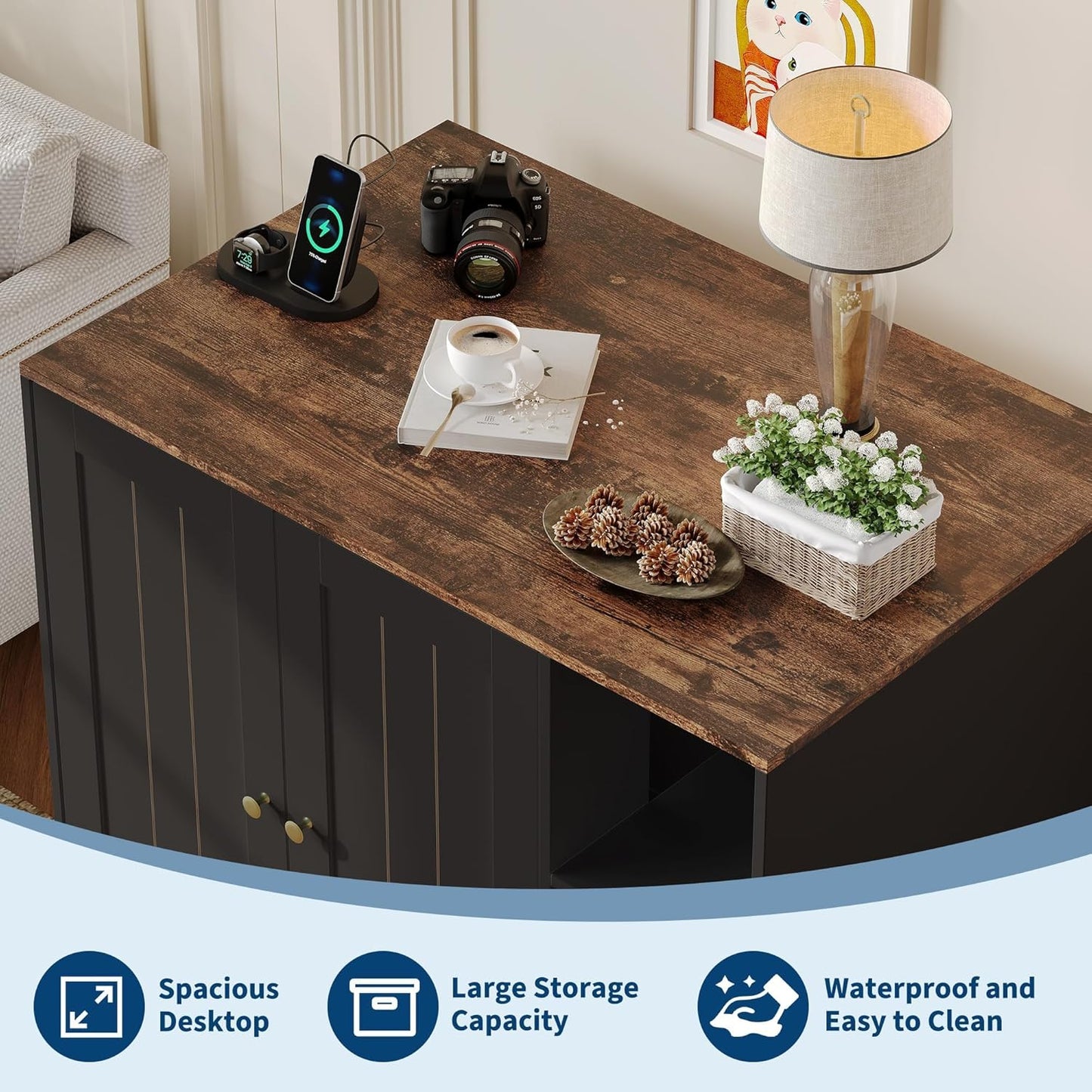 GarveeLife Cat Litter Enclosure Cabinet for Robot 3/4, XL Cat Enclosure Furniture with Built-in Power Outlet, Mat and Dog-Proof Shelf, Fit Most Self-Cleaning Litterboxes Black-A