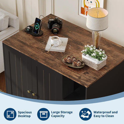 GarveeLife Cat Litter Enclosure Cabinet for Robot 3/4, XL Cat Enclosure Furniture with Built-in Power Outlet, Mat and Dog-Proof Shelf, Fit Most Self-Cleaning Litterboxes Black-A