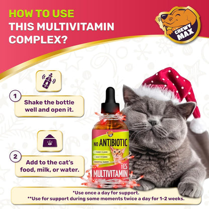 Cat Multivitamin Complex with Turkey Flavor – Natural Cat Antibiotic Liquid Alternative to Help with Allergies, UTIs & Cough – Herbal No Antibiotic Yes Multivitamin for All Breeds – 2 Oz