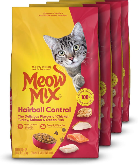 Meow Mix Hairball Control Dry Cat Food, 3.15 Pound Bag (Pack of 4)