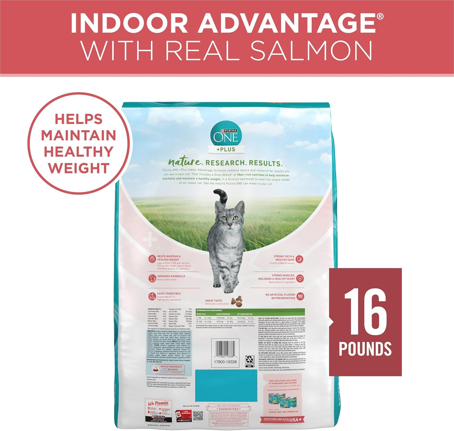 Purina ONE Natural Low Fat, Indoor Dry Weight Control High Protein Cat Food Plus Indoor Advantage With Real Salmon - 16 lb. Bag